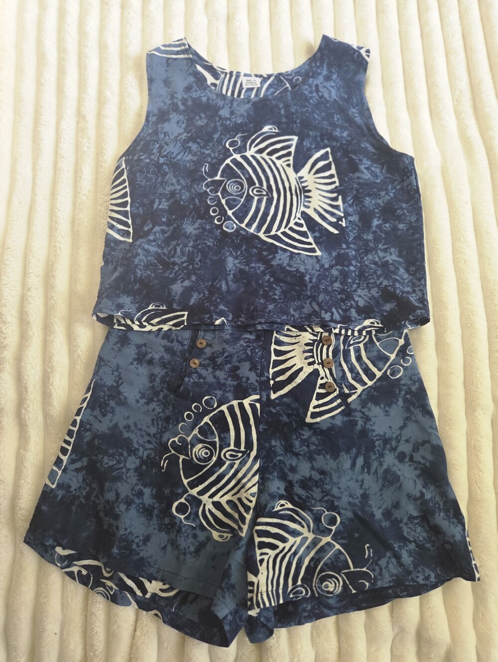 100% Rayon Navy Blue Fish Print Two-Piece Set